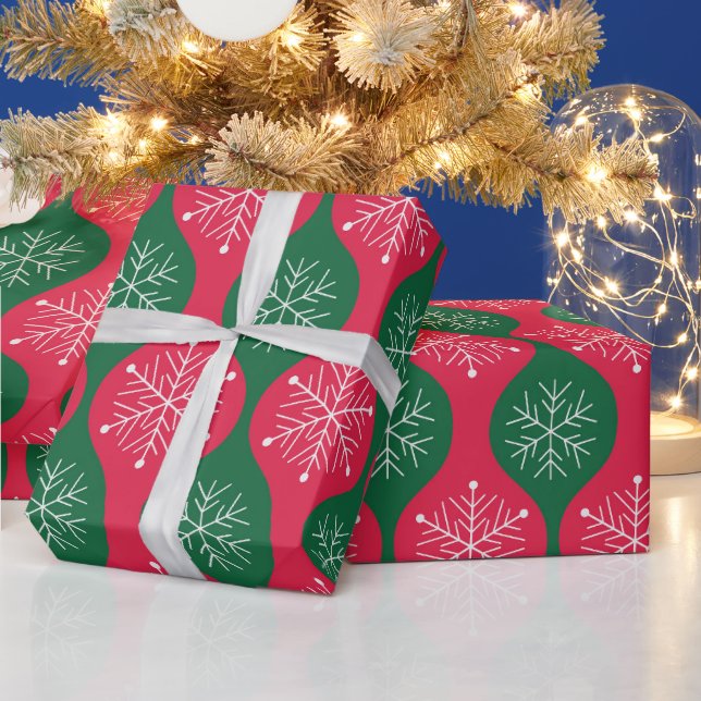 Papier Cadeau Flocons de Noël sur ogee vert rouge rétro (Vacances)