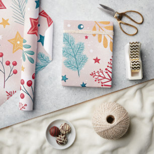Papier Cadeau flocons d'étoiles poinsettias houx baies fêtes