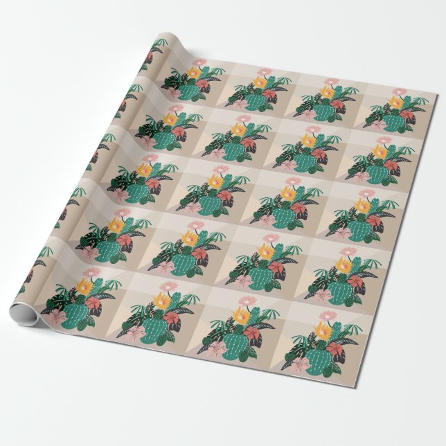Papier Cadeau Floraison botanique : Cactus Art Vintage. (Déroulé)