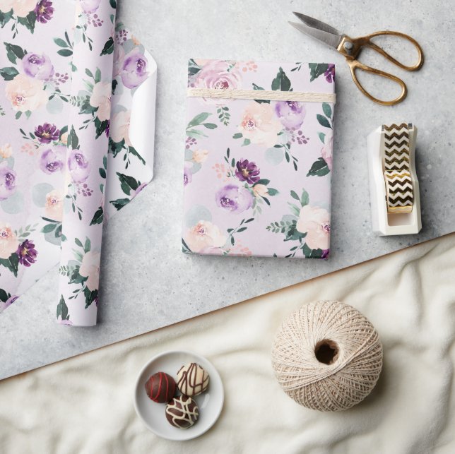 Papier Cadeau Floraison d'aquarelle botanique violet fleurie (Artisanat)