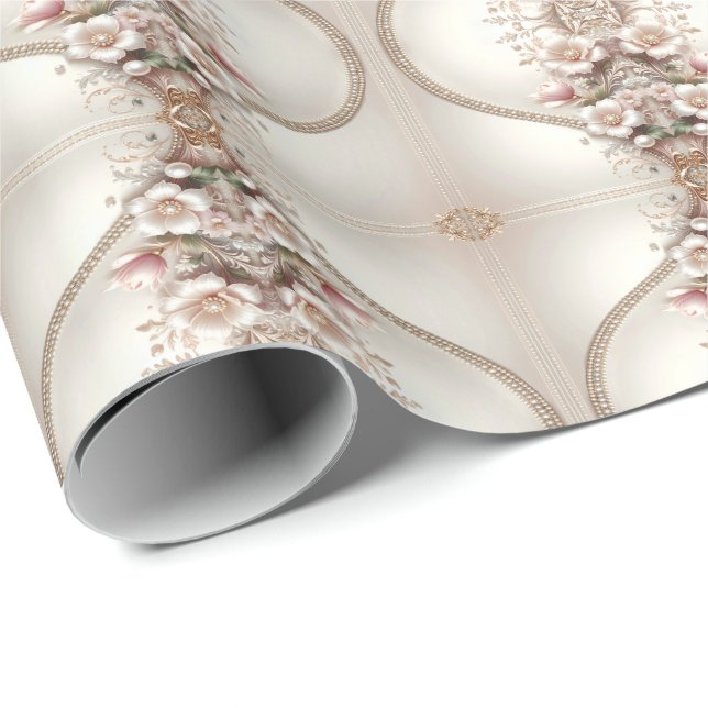 Papier Cadeau Floral and Pearl Embellishments Wrapping Paper (Coin rond)