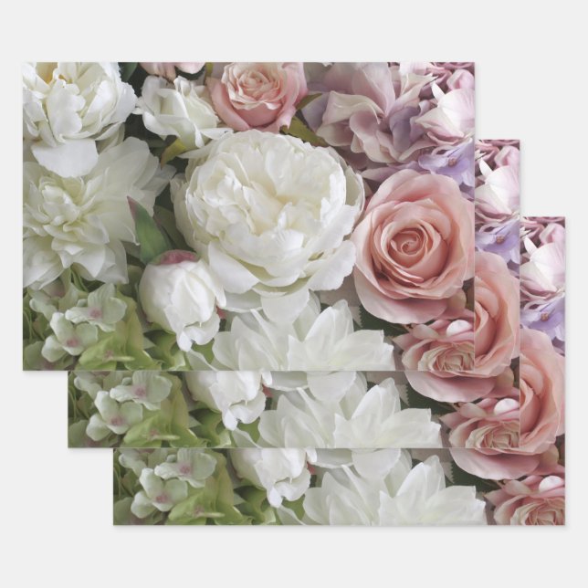 Papier cadeau floral avec pivoines et roses, 3 feu (Lot)