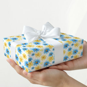 Papier cadeau floral bleu et jaune vif