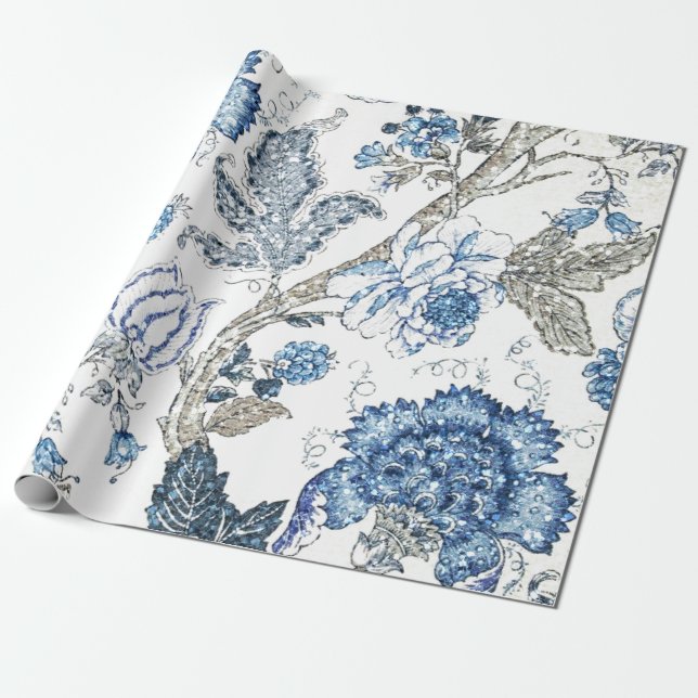 Papier Cadeau Floral bleu scintillant sur le blanc d'hiver (Déroulé)