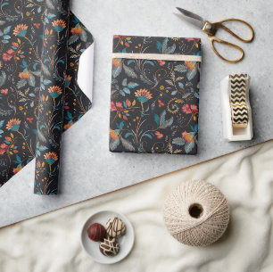 Papier Cadeau Floral bohème et Motif feuille sur noir