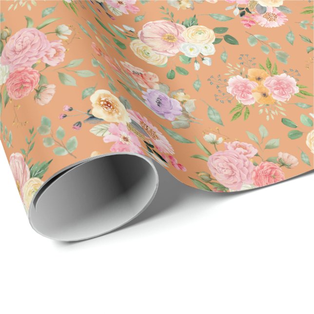 Papier Cadeau Floral Boho d'été sur Orange (Coin rond)