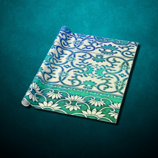 Papier Cadeau Floral chinois en bleu-vert (Créateur téléchargé)