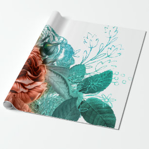 Papier Cadeau Floral corail et turquoise