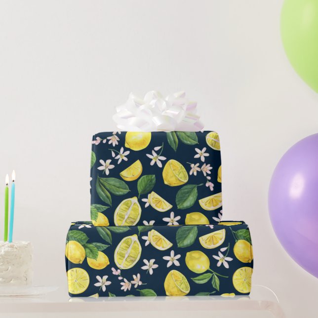 Papier Cadeau Floral de citron bleu marine (Cadeaux de fête)
