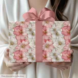 Papier cadeau floral doré et rose pastel éthéré