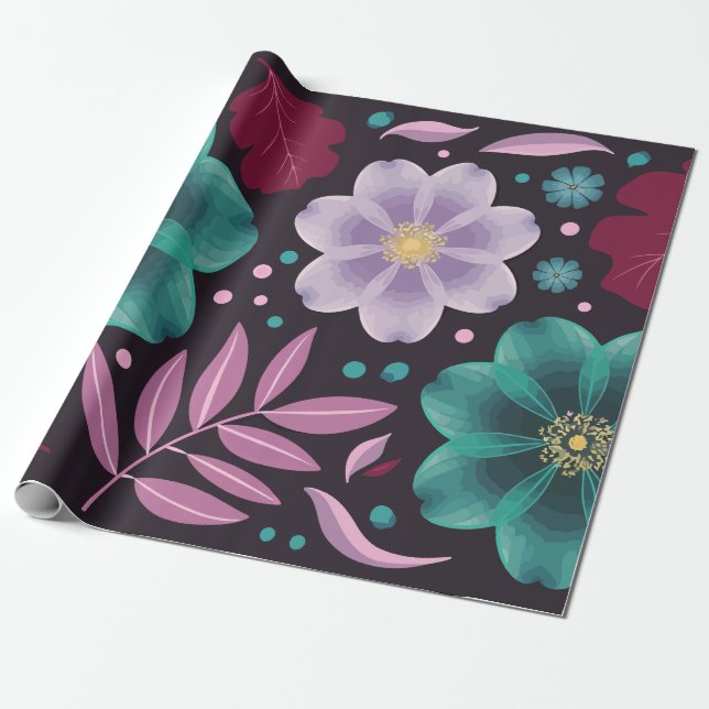 Papier Cadeau Floral élégant avec fleurs Turquoises et violettes (Déroulé)