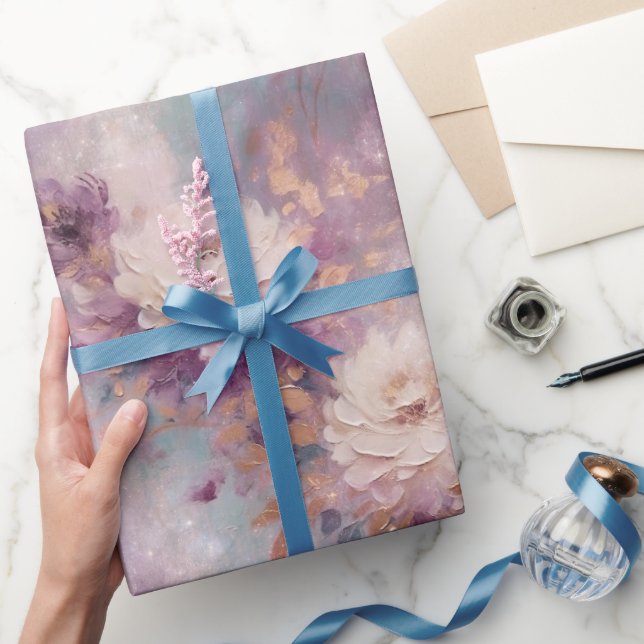 Papier Cadeau Floral féminin violet bleu et or (Cadeaux)