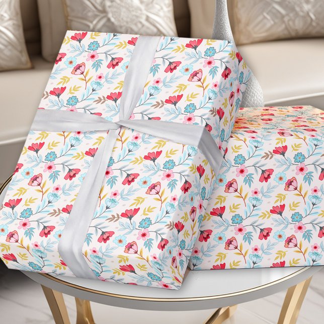 Papier Cadeau Floral Feminine couleur rose bleu été Anniversaire (Floral Feminine Colorful Pink Blue Summer Birthday Wrapping Paper)