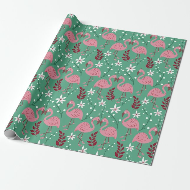 Papier Cadeau Floral flamingo sans couture motif rose vert (Déroulé)