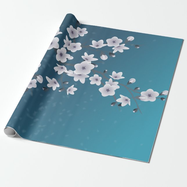 Papier Cadeau Floral Fleur de cerisier bleu foncé (Déroulé)