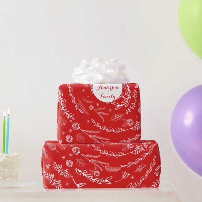 Papier Cadeau Floral Folk Art Antler Motif de Noël rouge (Cadeaux de fête)