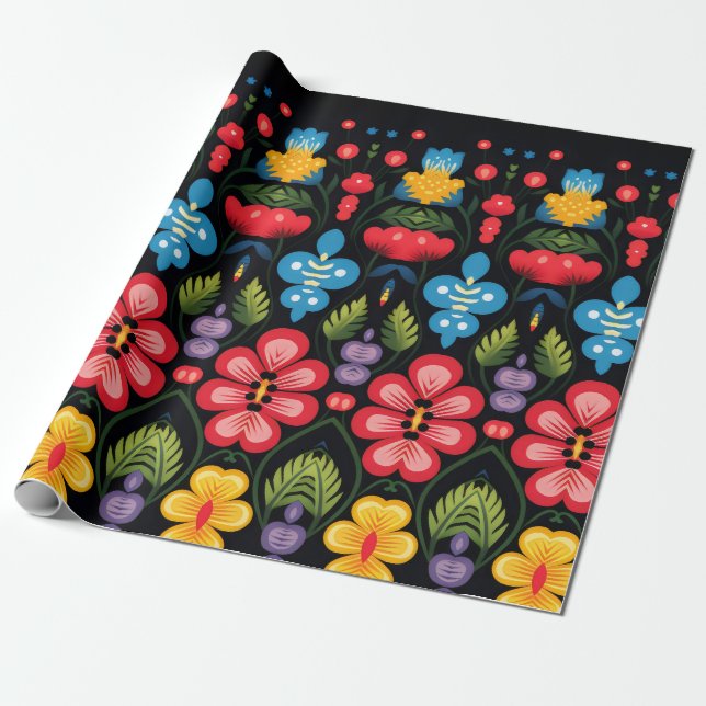 Papier Cadeau Floral Folk Art Moderne (Déroulé)