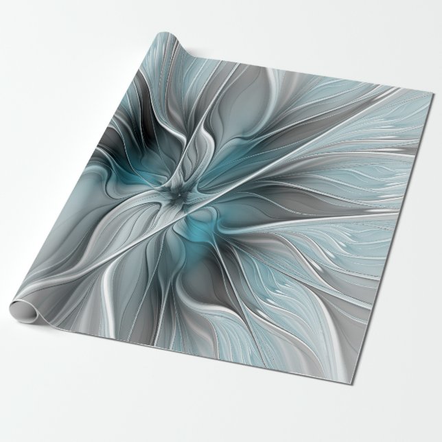 Papier Cadeau Floral Fractal Moderne Fleur Abstrait gris bleu (Déroulé)