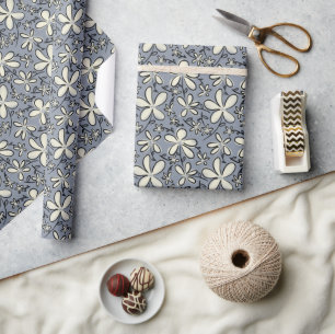 Papier Cadeau Floral Gris et motif de fleur de crème