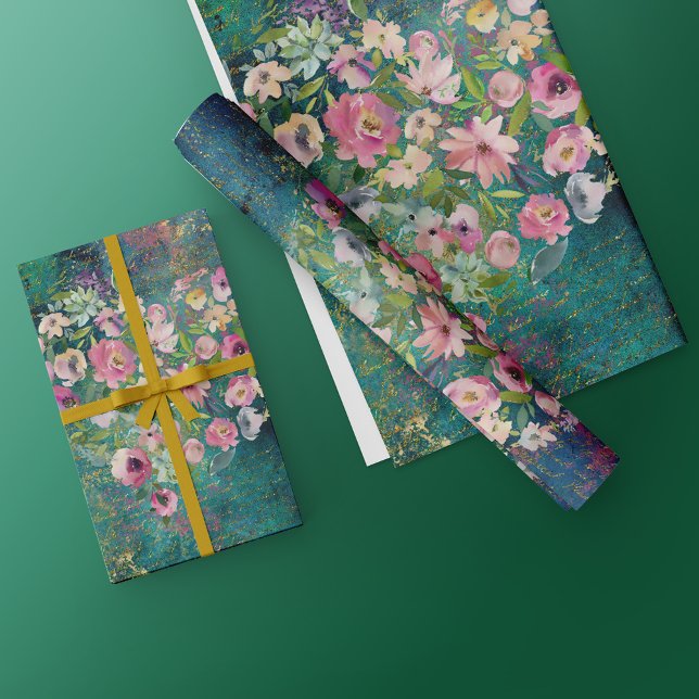 Papier Cadeau Floral Heart Gold Romantique écriture manuscrite (Créateur téléchargé)