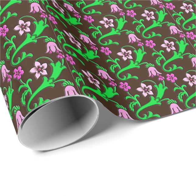 Papier Cadeau Floral jacobéen - rose, vert, chocolat (Coin rond)