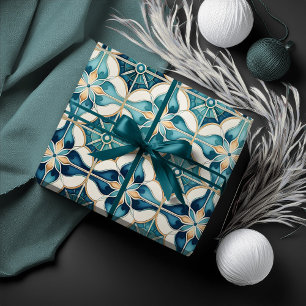 Papier Cadeau Floral Marocain Carrelage Motif#1 Turquoise Blanc