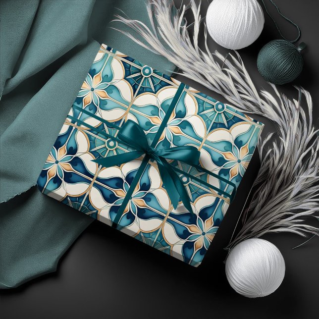 Papier Cadeau Floral Marocain Carrelage Motif#1 Turquoise Blanc  (Créateur téléchargé)