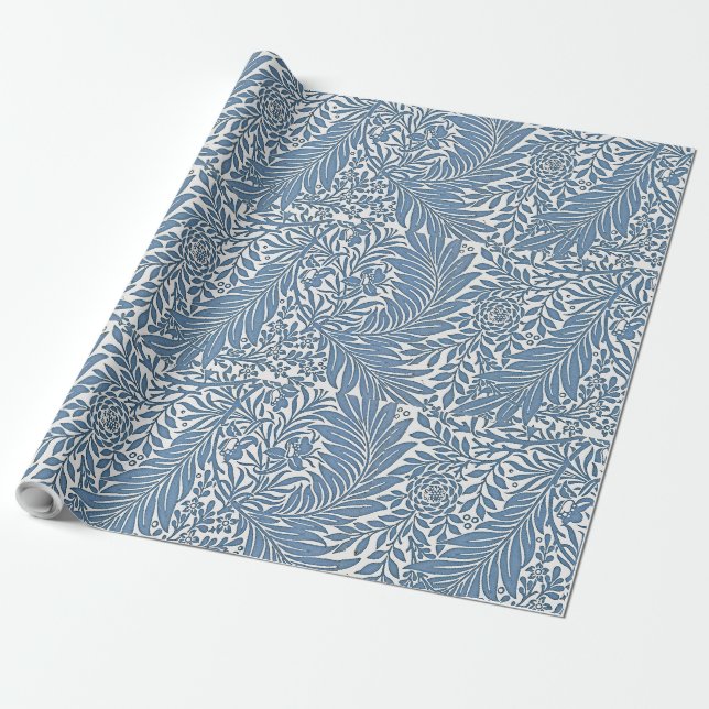 Papier Cadeau Floral Motif du 19ème siècle Bleu sur fond blanc (Déroulé)