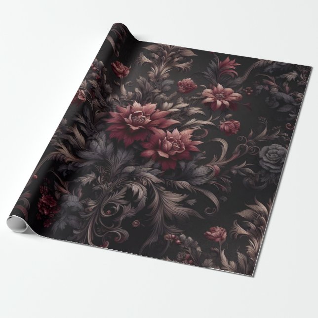 Papier Cadeau Floral Noir Bourgogne (Déroulé)