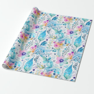 Papier Cadeau Floral Pasley Ferns Bleu et rose