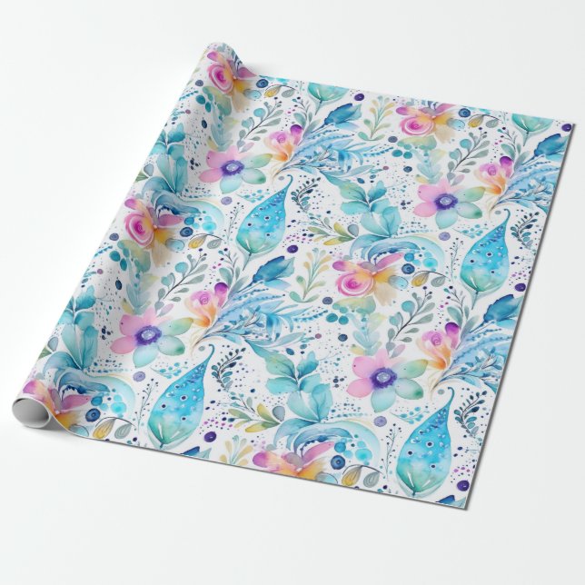 Papier Cadeau Floral Pasley Ferns Bleu et rose (Déroulé)