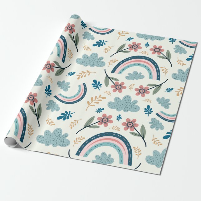 Papier Cadeau Floral pattern with rainbow and cloud shapes  (Déroulé)
