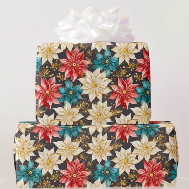 Papier Cadeau Floral Poinsettia Concepteur de Noël Rouge Turquoi (Créateur téléchargé)