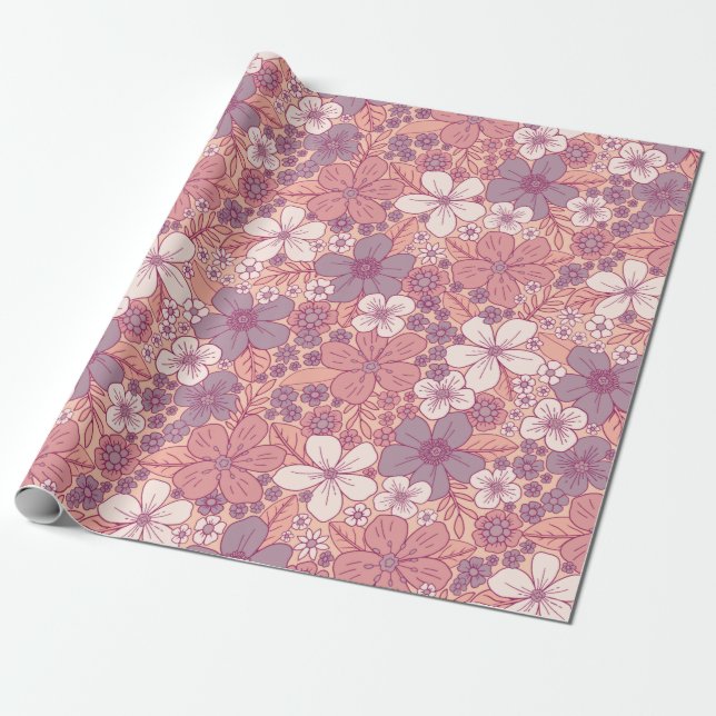 Papier Cadeau Floral rose et violet pastel (Déroulé)