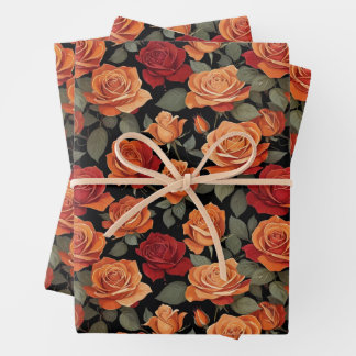 Papier cadeau floral rose orange et rouge vintage