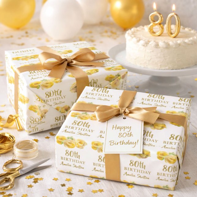 Papier Cadeau Floral Roses Jaunes 80e fête d'anniversaire (Créateur téléchargé)