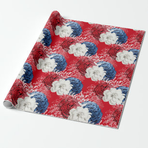Papier Cadeau Floral rouge, blanc et bleu Motif américain