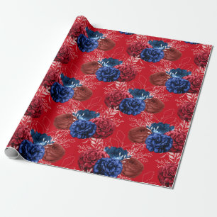 Papier Cadeau Floral rouge, blanc et bleu Motif américain