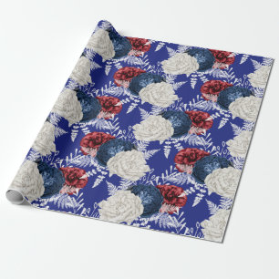 Papier Cadeau Floral rouge, blanc et bleu Motif américain