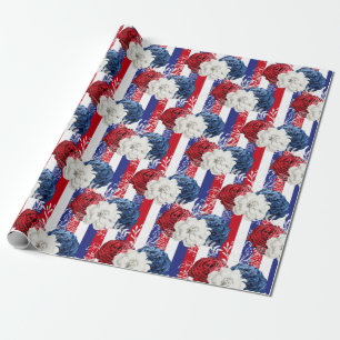Papier Cadeau Floral rouge, blanc et bleu Motif américain