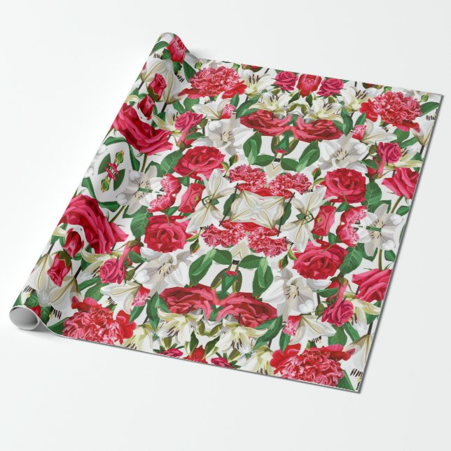 Papier Cadeau Floral Rouge Blanc Fleurs Aquarelle Jardin Motif (Déroulé)