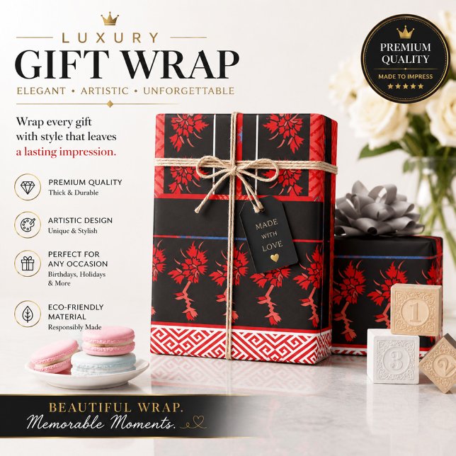 Papier cadeau floral rouge et noir (Créateur téléchargé)