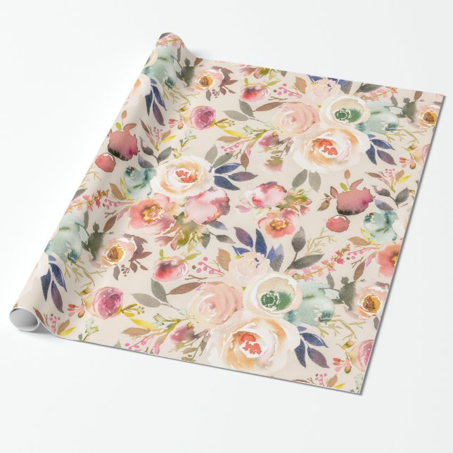 Papier Cadeau Floral rustique d'aquarelle brune rose ene ivoire (Déroulé)