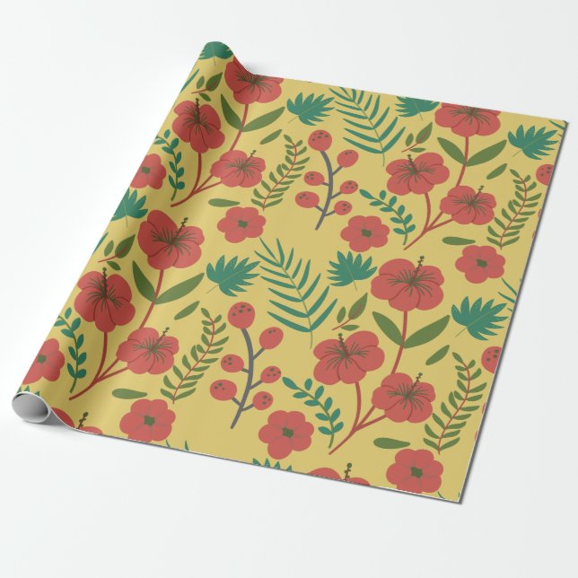 Papier Cadeau Floral sans couture motif rouge jaune vert fleurs (Déroulé)