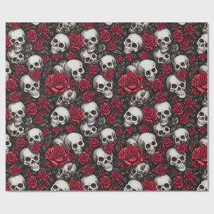Papier cadeau floral sombre crâne gothique et rose
