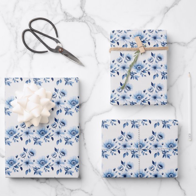 Papier cadeau floral Toile Bleu Blanc pour Baby Sh (Recto)