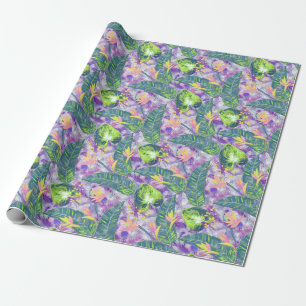 Papier Cadeau Floral tropical, Botanique, lilas, vert, rose