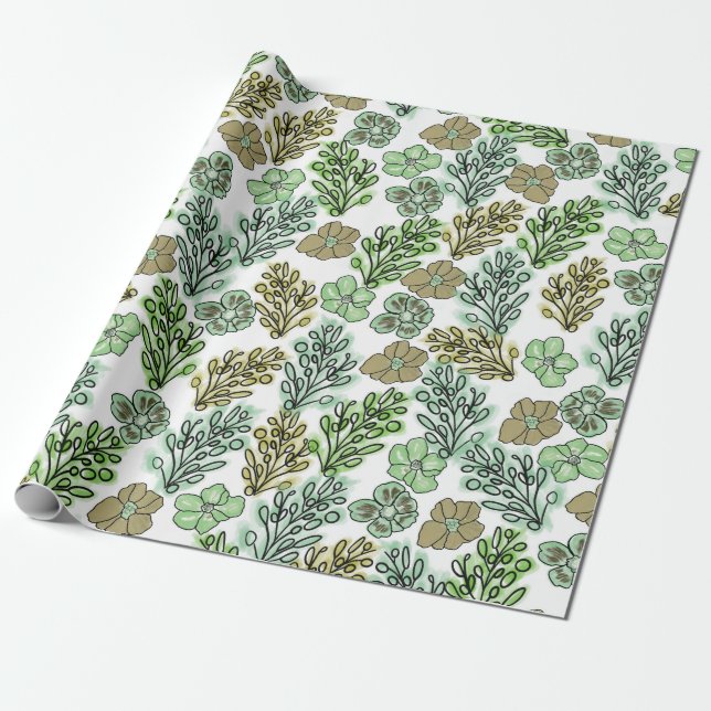 Papier Cadeau Floral Valencia Vert Beige (Déroulé)