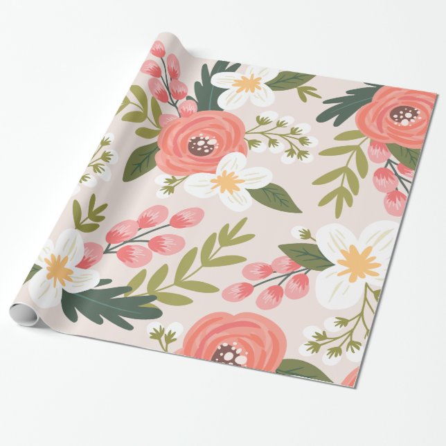 Papier Cadeau Floraux luxuriants Motif rose pâle (Déroulé)
