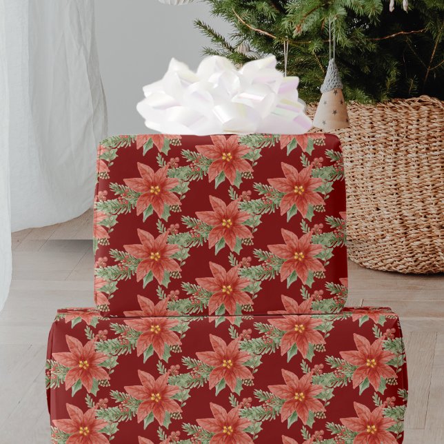 Papier Cadeau Flore botanique verte rouge de Noël (Créateur téléchargé)